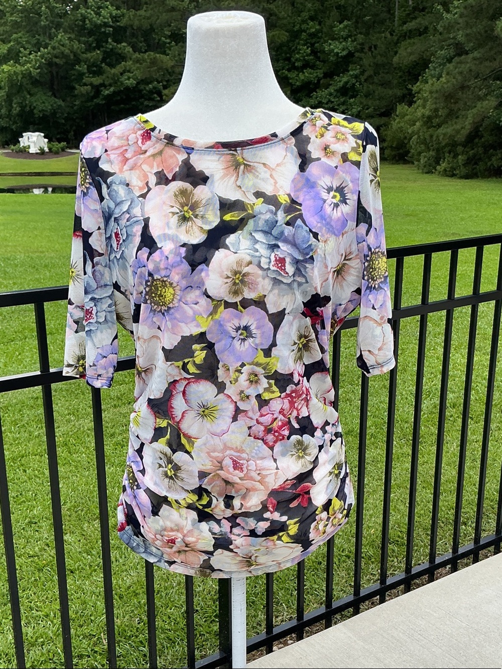 White House Black Market Black Floral Boatneck Short Sleeve Top